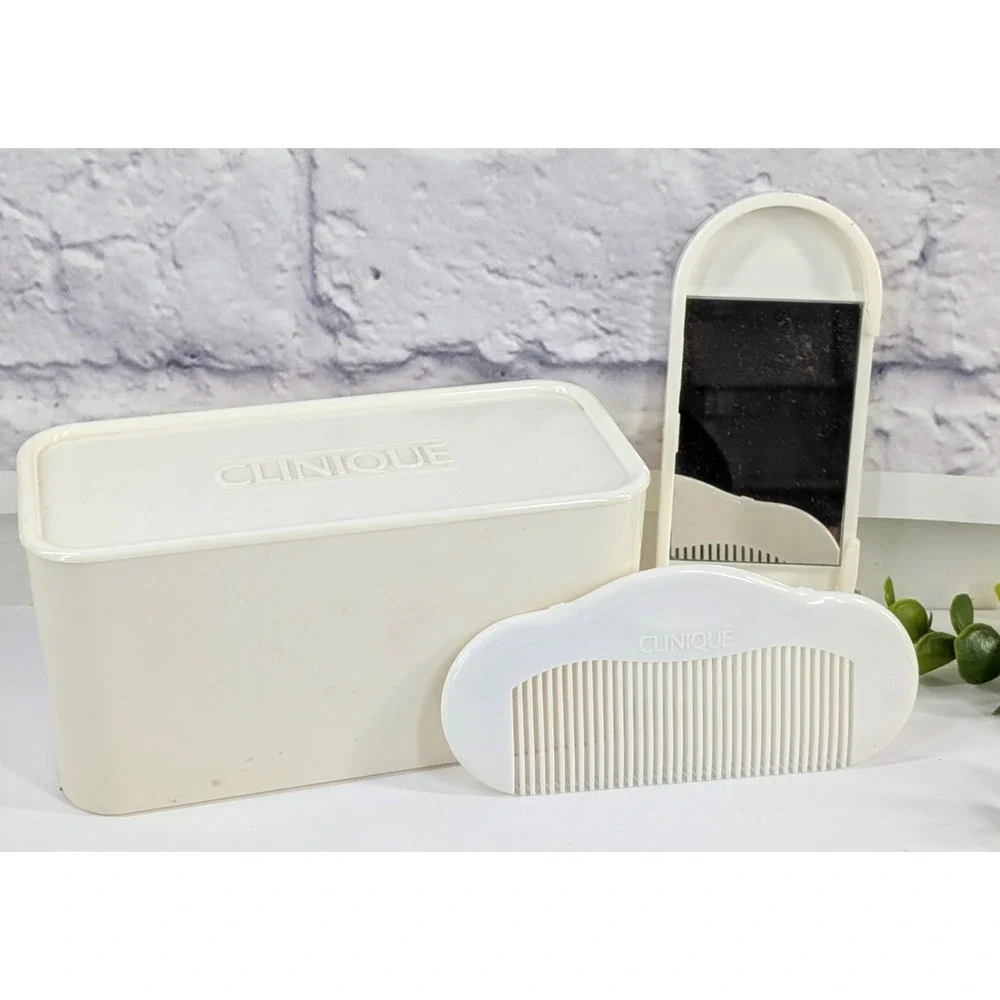 😍Vintage Clinique Comb & Mirror Set Snap Together White 1980s Matching Box Set